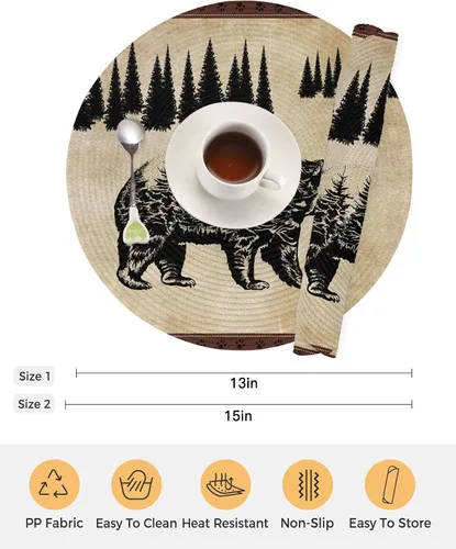 Miniatura 7 de Juego de 2 manteles individuales redondos vintage con diseño de oso negro y pino, manteles individuales lavables de tejido retro rústico