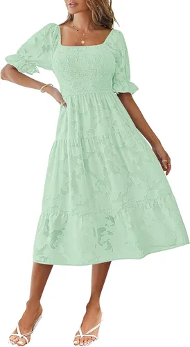 MEROKEETY Vestido midi escalonado de verano para mujer, manga corta abombada, cuello cuadrado, floral, texturizado, escalonado