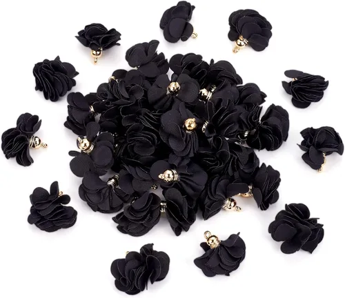 Miniatura 8 de Cheriswelry 50 colgantes de tela de tela de flores de tela negra con pétalos florales con tapa dorada en forma de campana para manualidades, aretes