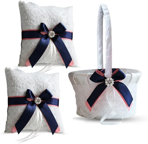 Miniatura 9 de Juego de almohada y cesta de anillo de marfil Colección de encaje niña de flores y cesta de bienvenida para invitados, cestas de boda hechas a