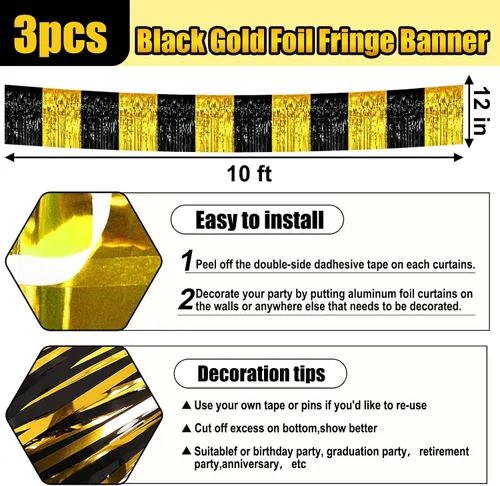 Miniatura 2 de Paquete de 3 guirnaldas largas de flecos metálicos de aluminio negro dorado para colgar en la pared, Día de la Madre, Pascua, flotadores de desfile