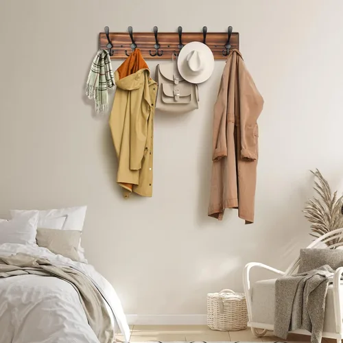 Miniatura 6 de Perchero de Pared de Montaje en Pared, Perchero de Pared de Madera Resistente para Pared, 6 Ganchos Triples para Colgar Abrigos, Chaqueta, Sombrero