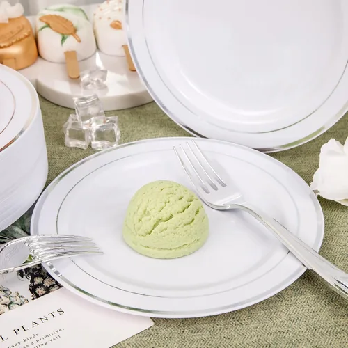 Miniatura 4 de Nervure 140 platos de plástico dorado festoneado y cubiertos de plástico dorado con mango blanco: 40 platos, 20 tazas, 20 tenedores, 20 cuchillos