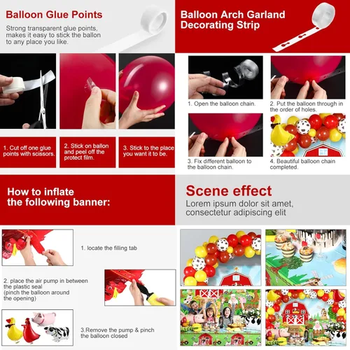 Miniatura 3 de Decoraciones temáticas de animales de granja para fiesta, fondo de granja, banner de animales de granja, decoración de granja, mantel, arco de Rojo