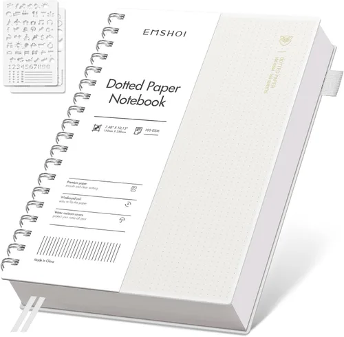 Miniatura 15 de EMSHOI Cuaderno de espiral A4, diario punteado de viñetas, 11.2" X 8.27", 300 páginas/150 hojas, papel de cuadrícula de puntos de 100gsm, tapa