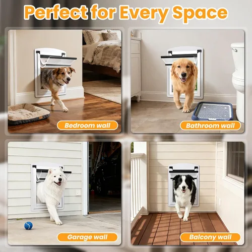 Miniatura 5 de Puerta de perro para pared, puerta de perro de acero con túnel telescópico, puerta de mascotas resistente a la intemperie con dos paneles de bloqueo