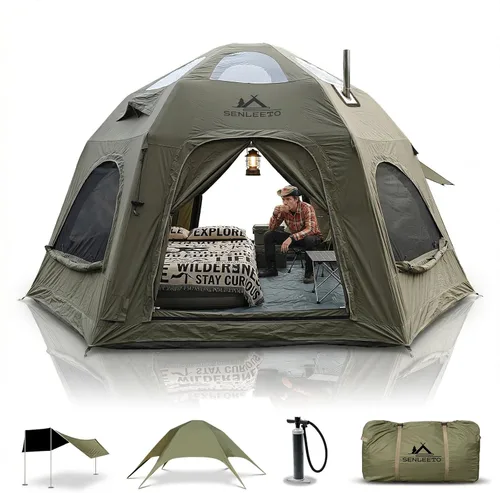 Miniatura 10 de Tiendas de campaña inflables para 4/6/8/10 personas, tienda de campaña inflable grande con gato de estufa, tienda inflable para 4 estaciones
