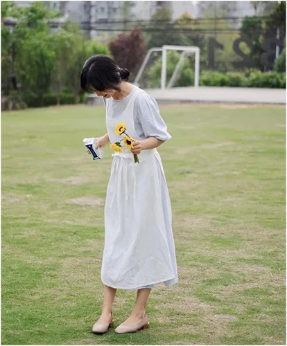 Miniatura 8 de Vestido estilo pinafore de algodón con cuello en V y cuello en V para mujeres y niñas