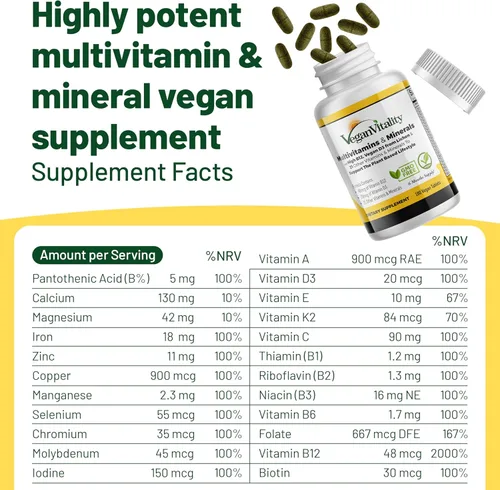 Miniatura 6 de Multivitamínicos y minerales veganos con vitamina B12, D3 y K2. 180 tabletas multivitamínicas - suministro de 6 meses. Vitaminas para veganos