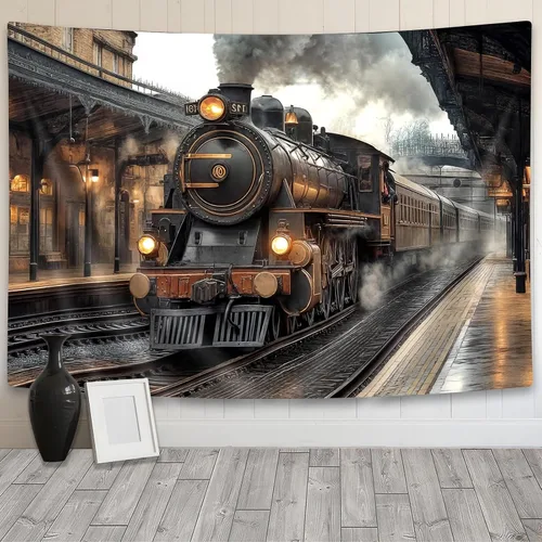 Miniatura 18 de Tapiz de Tren de Vapor, Tapices de Paisaje Otoñal de Tren de Motor Antiguo Decoración para Niños, Tapices de Arte de Acuarela de Bosque de Montaña