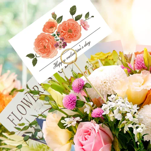Miniatura 5 de BENBO 20 portatarjetas de alambre de metal con diseño floral, para fotos de corazón, notas y números, púas doradas, para arreglos florales, bodas