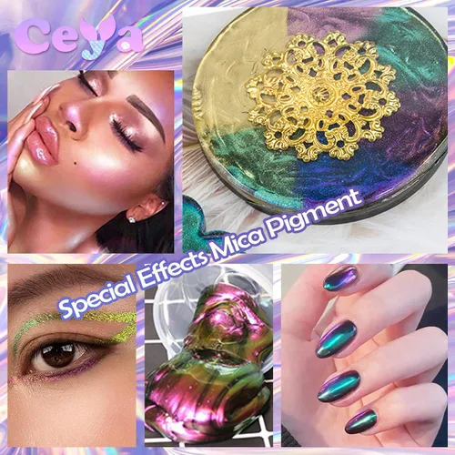 Miniatura 6 de Ceya Polvo de Mica Camaleón, 50g/1.8oz Polvo de Uñas Cromado para Fiestas Lujosas, Pigmento de Efecto Perlas que Cambia de Color de Grado Cosmético