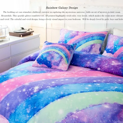 Miniatura 6 de ANGIYUIN Juego de Edredón Tie Dye Arcoíris Azul Tamaño Queen 6 Piezas Degradado con Purpurina Cama en una Bolsa para Niñas Juego de Ropa de Cama Tie
