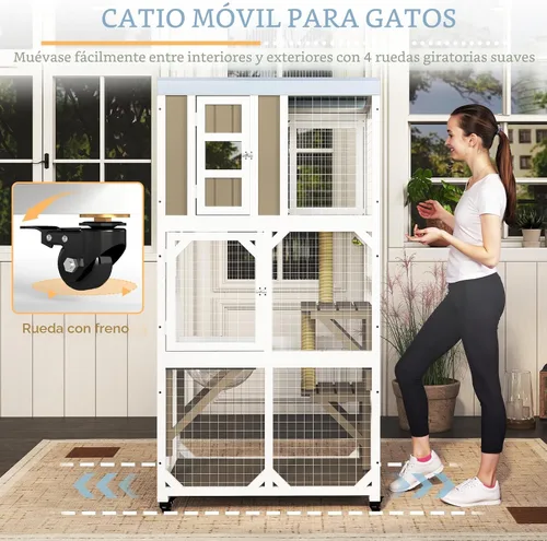 Miniatura 5 de Ketive Catio grande de madera para exteriores de 64", casa para gatos de ventana con ruedas y 3 plataformas, jaula para gatitos con techo resistente