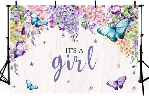MEHOFOTO - Cartel de fondo de cabina de estudio fotográfico con texto en inglés "It's A Girl" con diseño de mariposa para baby shower, baby shower,