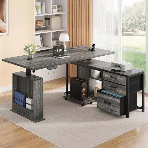 Miniatura 9 de Escritorio eléctrico en forma de L de 47 pulgadas con 3 cajones, mesa de computadora de almacenamiento, altura ajustable con tomas de corriente, 4