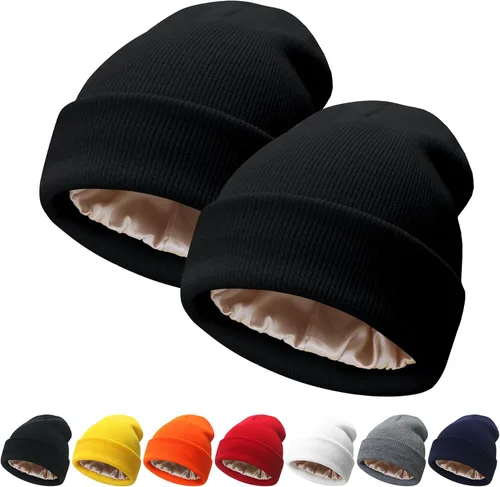Miniatura 24 de NPQQUAN 2 PCS Satin Lined Beanie for Women Silk Lined Beanies Winter Warm Soft Lining Cuffed Knit Beanie Hats for Women