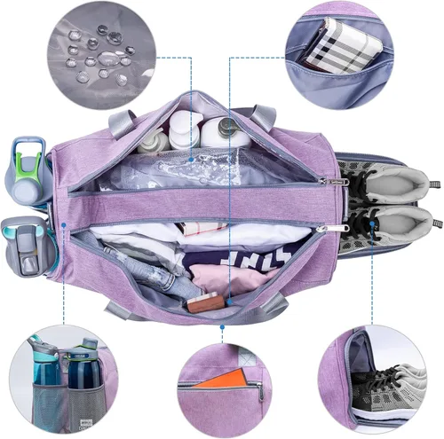 Miniatura 3 de Bolsa de gimnasio deportiva con bolsillo húmedo y compartimento para zapatos, bolsa de entrenamiento para hombres y mujeres, 4-Morado