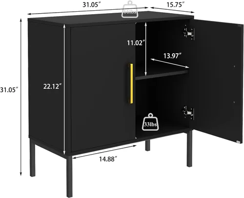 Miniatura 2 de JOZZBY Gabinete Buffet de Almacenamiento, Aparador Independiente con Puertas Dobles, Aparador de Madera Moderno, Gabinetes Laterales Negros