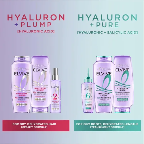 Miniatura 9 de L'Oreal Paris Elvive Hyaluron + Pure 72H Acondicionador rehidratante para cabello graso, acondicionador para cabello con ácido salicílico y ácido