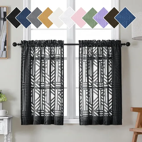 Miniatura 42 de Simplebrand Cortinas traslúcidas negras de cocina de 24 pulgadas de largo, 2 paneles, filtrado de luz, geométrico jacquard con textura, cortinas