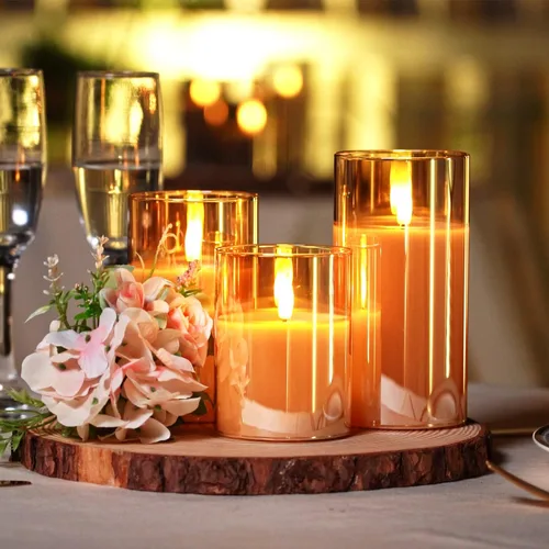 Miniatura 5 de Homemory juego de 3 velas sin llama de vidrio ámbar, velas LED acrílicas que funcionan con pilas, con control remoto y temporizador, Velas Radiance