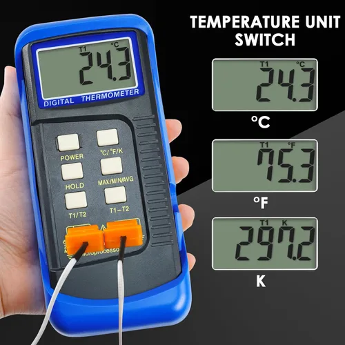 Miniatura 7 de Termómetro de termopar digital tipo K de doble canal Termómetro HVAC Medidor de temperatura con 4 termopares, medición de temperatura MAX/MIN/PROM