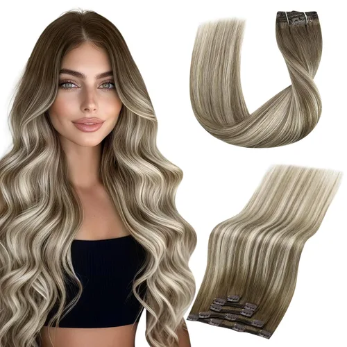 Miniatura 23 de Vivien Extensiones de cabello humano con clip, color negro azabache, extensiones de cabello humano real con pinzas invisibles, doble trama, 14