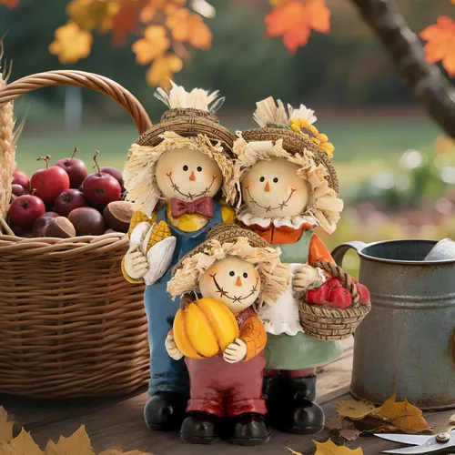 Miniatura 4 de Hodao Decoraciones de Acción de Gracias para mesa, figura familiar de espantapájaros de resina de otoño con cesta de calabaza, maíz y manzana