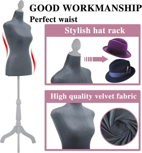 Miniatura 4 de Base de trípode de madera, maniquí femenino, forma de vestido de torso de 50 a 63 pulgadas, altura ajustable para coser, cuerpo de espuma (gris)