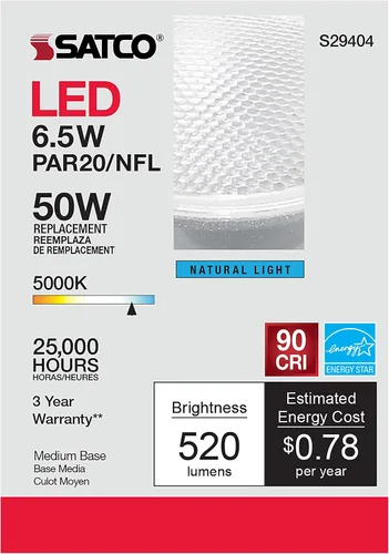 Miniatura 7 de Satco S29404 - Bombillas reflectoras LED PAR20 de 6,5 W, 5000 K, luz diurna, 520 lúmenes, ángulo de haz de 25 lúmenes, 120 voltios, regulable