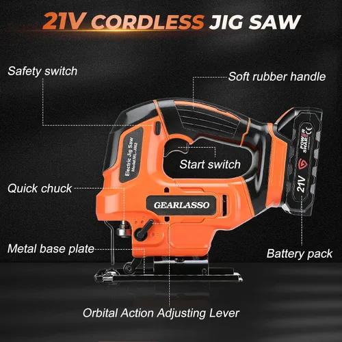 Miniatura 3 de Sierra caladora inalámbrica de 21 V con 2 baterías de 2.0 Ah, rompecabezas de velocidad variable de 2800 RPM para madera y metal, 4 ajustes
