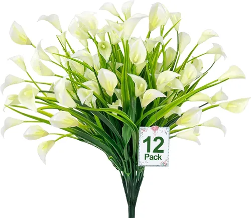 Miniatura 12 de TURNMEON 12 paquetes de flores artificiales de lirio de cala (240 cabezas), plantas falsas para exteriores, plantas falsas resistentes a los rayos