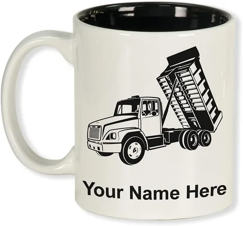 Miniatura 12 de LaserGram Taza de café redonda de cerámica de 11 onzas, camión volquete, grabado personalizado incluido (negro)