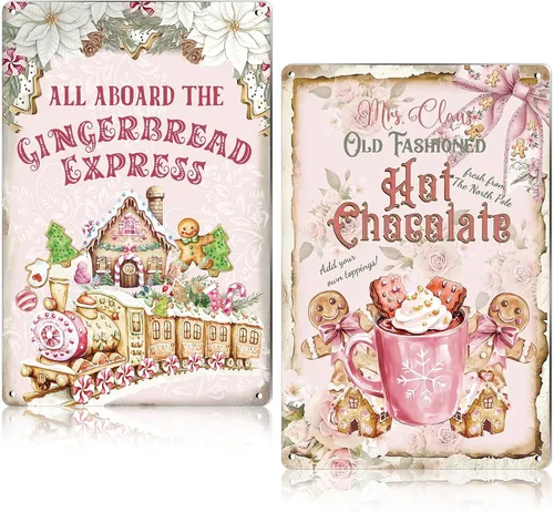 Placas de estaño vintage rosa de pan de jengibre de Navidad de Fullhawl, decoración nostálgica de Navidad, arte de pared rústico rosa de pan de