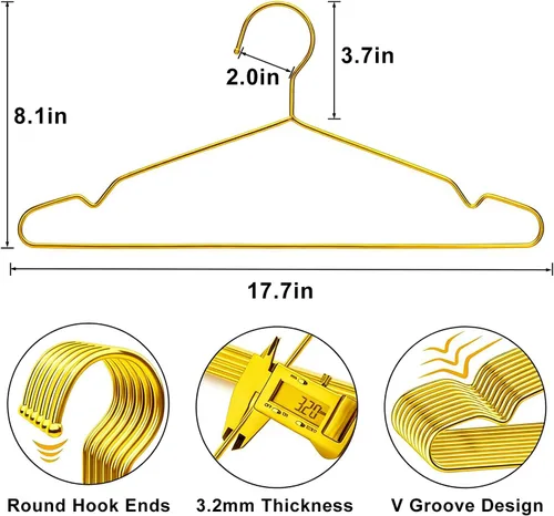 Miniatura 2 de Paquete de 30 perchas de acero inoxidable dorado para ropa, ganchos de metal con alambre fuerte, perchas estándar, ideales para uso diario, 17.7