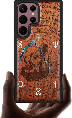 Miniatura 8 de Carveit Funda de madera de diseñador para Samsung Galaxy S22 Ultra (grabado en madera e incrustaciones de carcasa) compatible con cargadores Grim