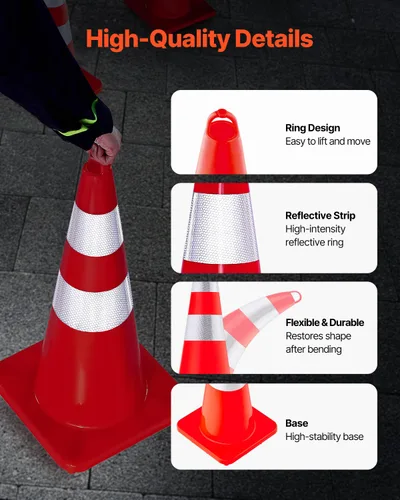 Miniatura 8 de VEVOR Conos de Seguridad, 6 x 28" Conos de Tráfico, Conos de Construcción Naranja de PVC, 2 Collares Reflectantes Conos de Tráfico con Base