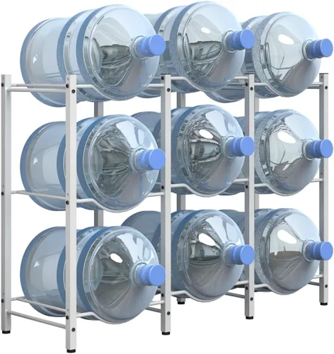 Miniatura 9 de Mocomax Estante para jarra de agua de 5 galones, soporte desmontable para 6 botellas, estante refrigerador resistente de 3 niveles, organizador