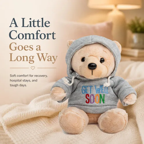 Miniatura 3 de Ganz Oso de peluche Get Well Soon de 9 pulgadas con capucha gris, regalo para niños y mujeres (animal de peluche de nariz bronceada)