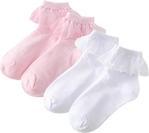 Miniatura 9 de Looching 4 pares de calcetines de encaje de princesa de algodón con volantes sólidos para niñas pequeñas