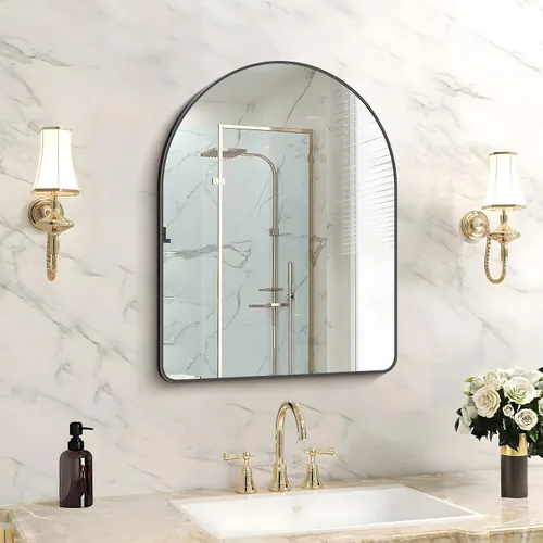 Miniatura 20 de FORBATH Espejo de baño arqueado de 16 x 24 pulgadas, espejo de baño negro montado en la pared, moderno marco de aleación de aluminio, espejo de arco