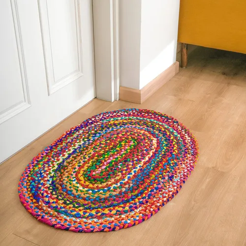 Miniatura 11 de RAJRANG Alfombra ovalada trenzada a mano de 2 x 3 pies, multicolor, bohemio, reversible, rústica, de algodón, alfombra Chindi geométrica