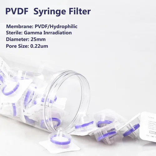 Miniatura 4 de Filtro de jeringa estéril PVDF Filtración hidrofílica de 0,22 um Tamaño de poro, 0.984 in de diámetro de membrana, paquete de 20, envasado estéril