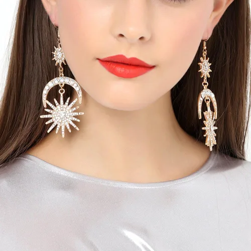 Miniatura 5 de Exaggerated - Aretes de gota con diseño de luna de sol y estrellas con diamantes de imitación punk para mujer