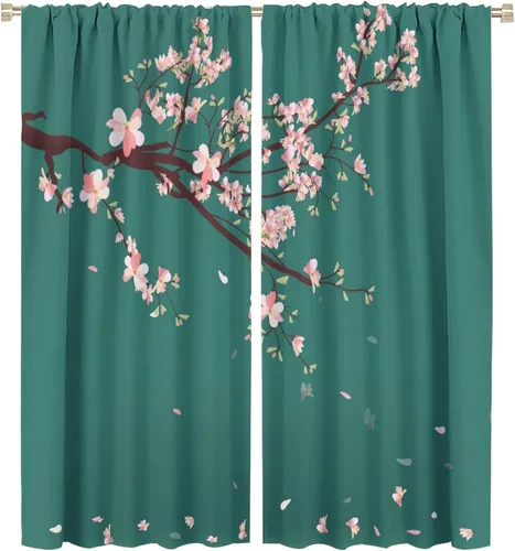 Miniatura 9 de Cortina japonesa con diseño de cerezo en flor, montañas, río, nubes, pinos, paisaje, naturaleza, asiático, anime, oscurecimiento de habitación
