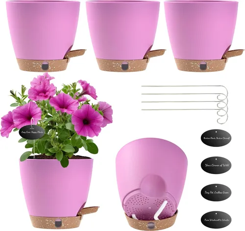 Miniatura 20 de Macetas de riego automático de 6 pulgadas para plantas de interior (paquete de 5) – Pequeñas macetas de plástico con ventana de nivel de agua