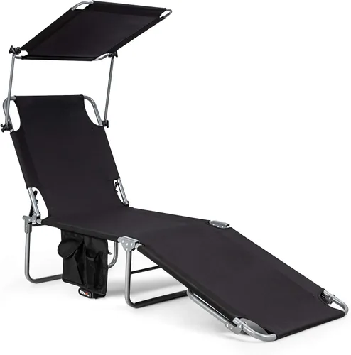 Miniatura 11 de Giantex Silla bronceadora, tumbona de patio con 5 posiciones ajustables, toldo de sombra, bolsillo de almacenamiento, cuna de campamento, sillón