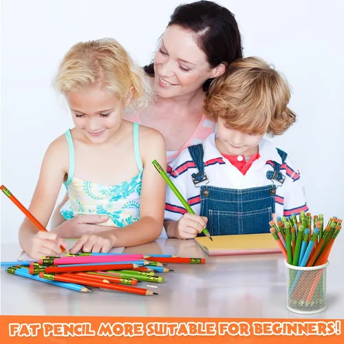 Miniatura 6 de Fainne 48 piezas de lápices gordos jumbo grandes gruesos y 3 piezas de sacapuntas para niños principiantes, preescolares, jardín de infantes, Varios