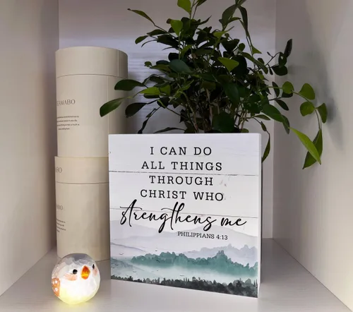 Miniatura 4 de Letreros de madera cristiana, versículo bíblico, filipenses 4:13 – I Can Do All Things Through Christ Who Strengthens Me, decoración de mesa